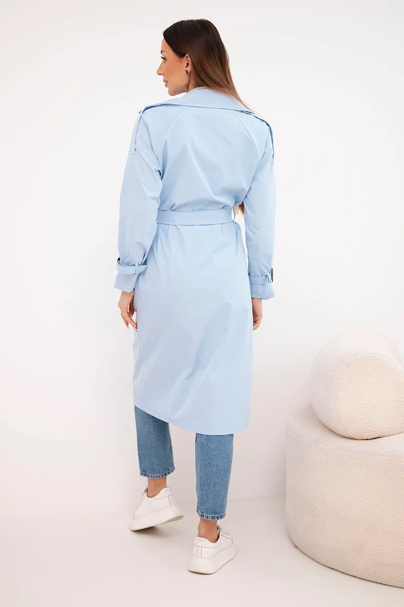 Płaszcz damski wiązany w talii z kołnierzem niebieski - obrazek 3