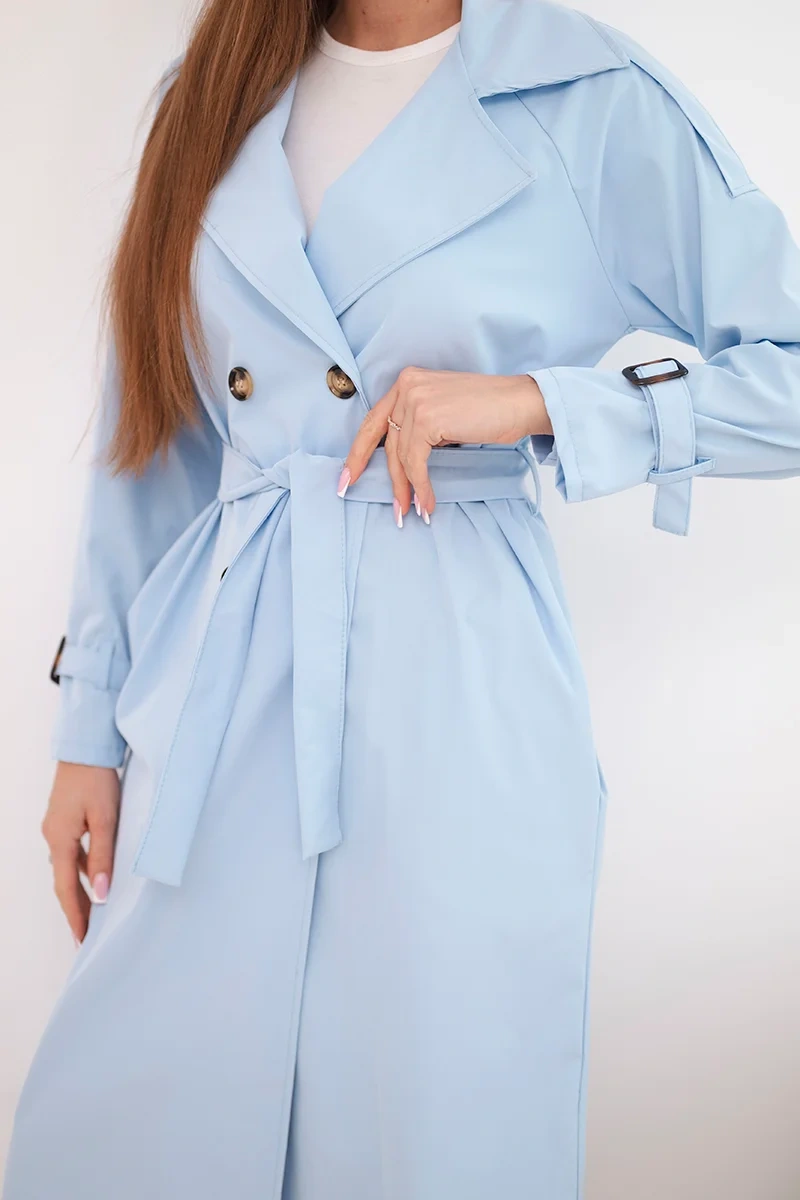 Płaszcz damski wiązany w talii z kołnierzem niebieski - obrazek 4