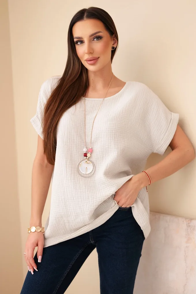 Bluzka muślinowa z naszyjnikiem beżowa