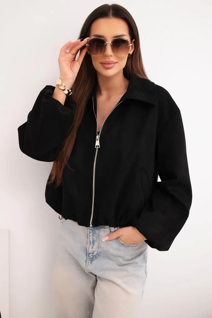Kurtka damska z zamkiem i bufiastym rękawem czarna