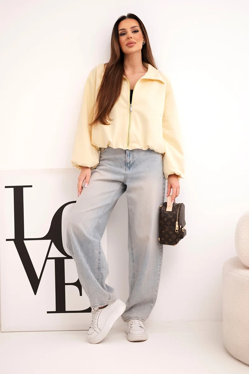 Kurtka damska z zamkiem i bufiastym rękawem żółta - obrazek 3