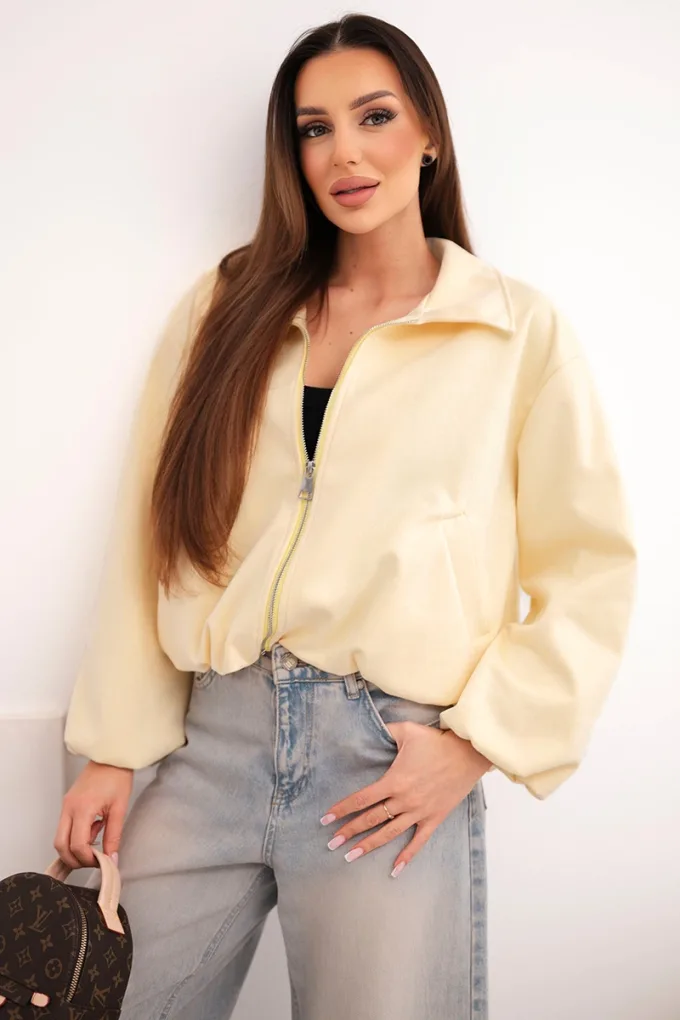 Kurtka damska z zamkiem i bufiastym rękawem żółta