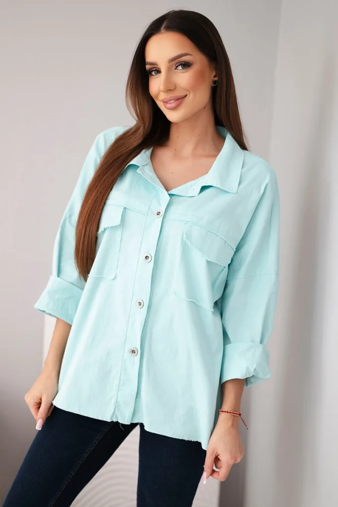 Koszula damska bawełniana z kieszeniami miętowa