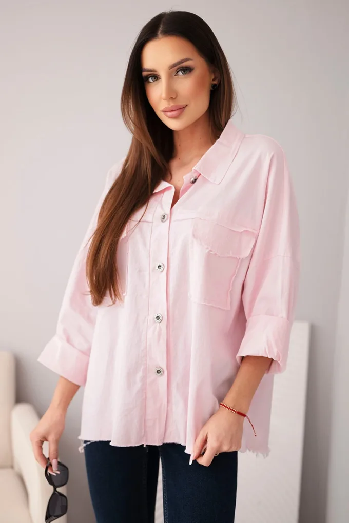 Koszula damska bawełniana z kieszeniami cukierkowy róż