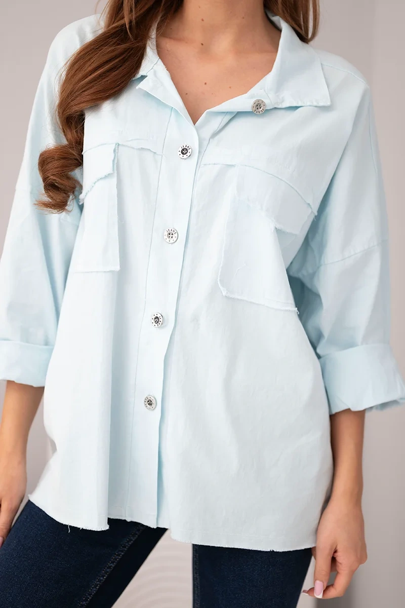 Koszula damska bawełniana z kieszeniami niebieska - obrazek 4