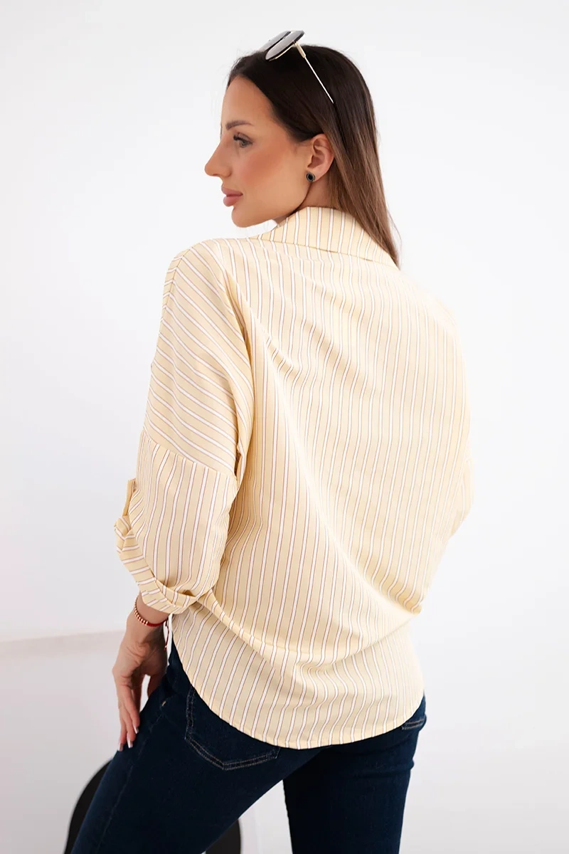 Koszula damska bawełniana w paski z wiązaniem żółta - obrazek 4