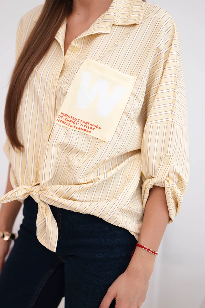 Koszula damska bawełniana w paski z wiązaniem żółta - obrazek 3