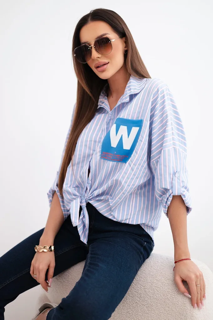 Koszula damska bawełniana w paski z wiązaniem niebieska