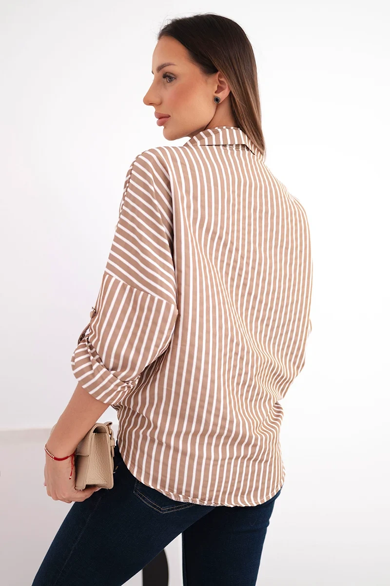 Koszula damska bawełniana w paski z wiązaniem camelowa - obrazek 4