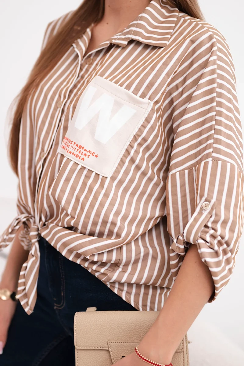 Koszula damska bawełniana w paski z wiązaniem camelowa - obrazek 3