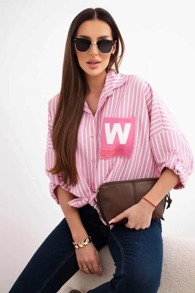 Koszula damska bawełniana w paski z wiązaniem jasno różowa