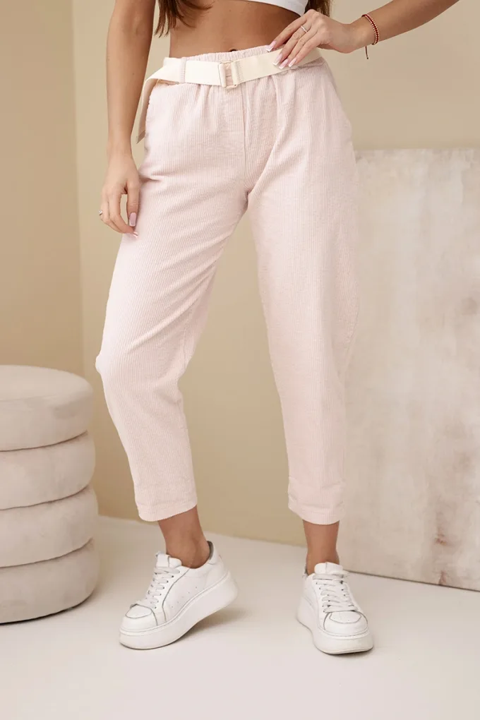 Spodnie damskie sztruksowe z paskiem ciemno pudrowy róż