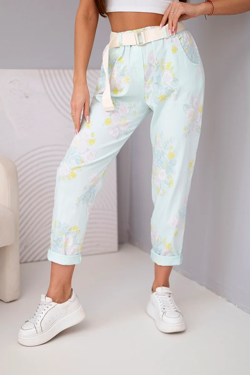 Spodnie damskie wiskozowe w kwiaty z paskiem miętowe