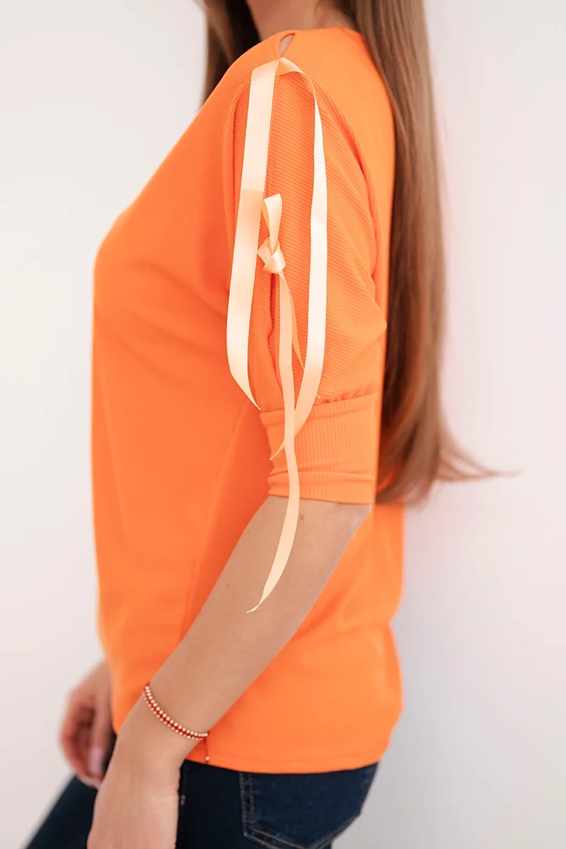 Bluzka damska wiskozowa z ozdobnymi wstążkami pomarańczowa - obrazek 4