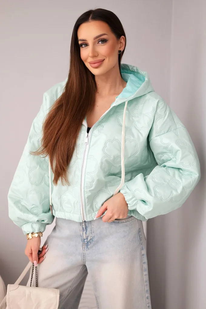 Kurtka damska pikowana z kapturem i ozdobnym tłoczeniem kwiatowym miętowa