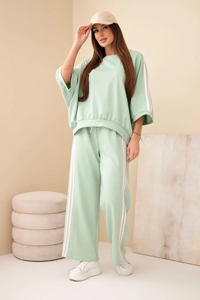 Komplet damski wiskozowy masełko z szeroką nogawką i luźną bluzą ciemny miętowy