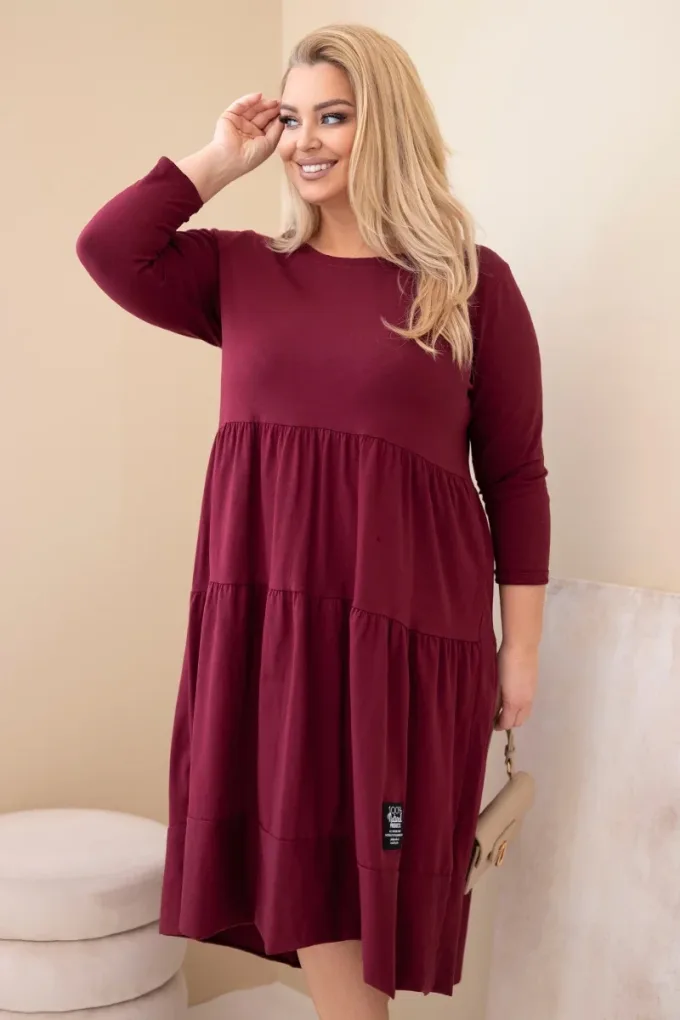 Sukienka damska bawełniana Plus Size z falbanami i podwiniętym rękawem śliwkowa