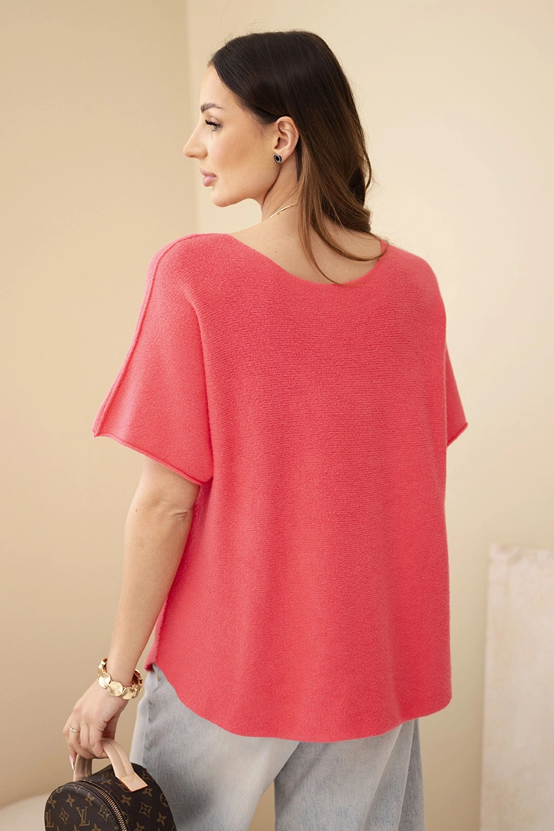 Sweter damski z krótkim rękawem o luźnym kroju malinowy - obrazek 3