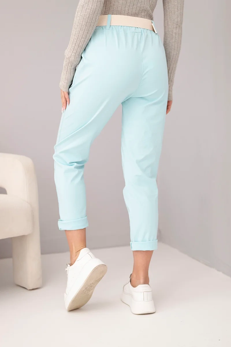 Spodnie damskie bawełniane z paskiem i podwijaną nogawką miętowe - obrazek 3