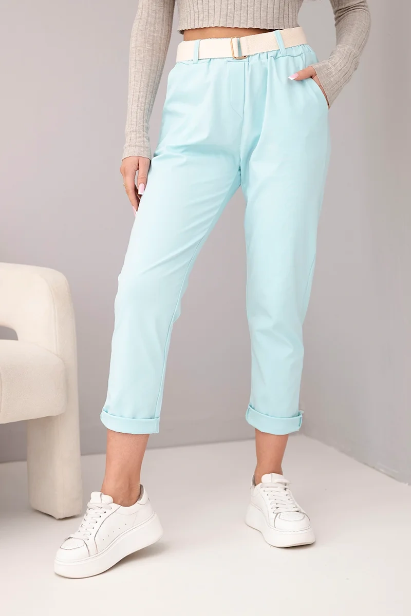 Spodnie damskie bawełniane z paskiem i podwijaną nogawką miętowe