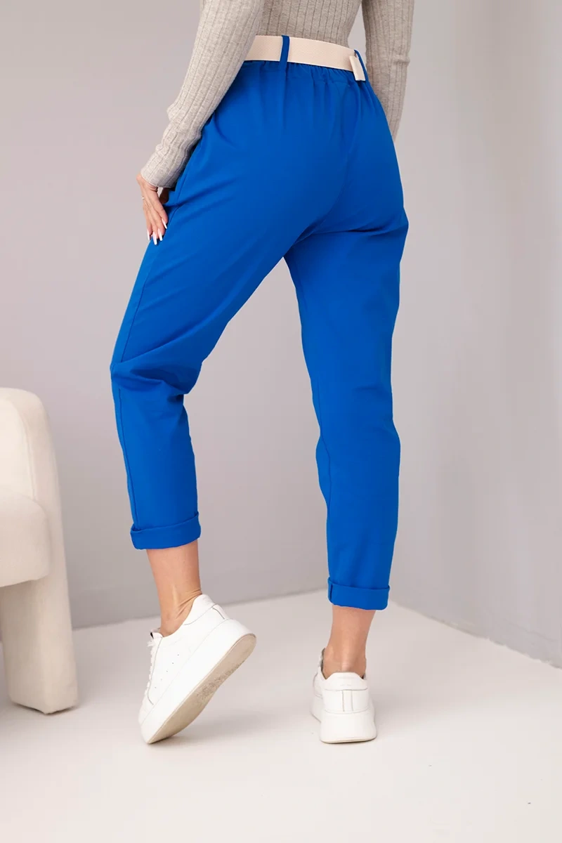 Spodnie damskie bawełniane z paskiem i podwijaną nogawką chabrowe - obrazek 3