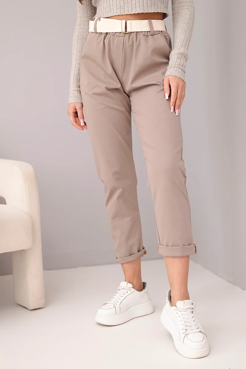 Spodnie damskie bawełniane z paskiem i podwijaną nogawką fango