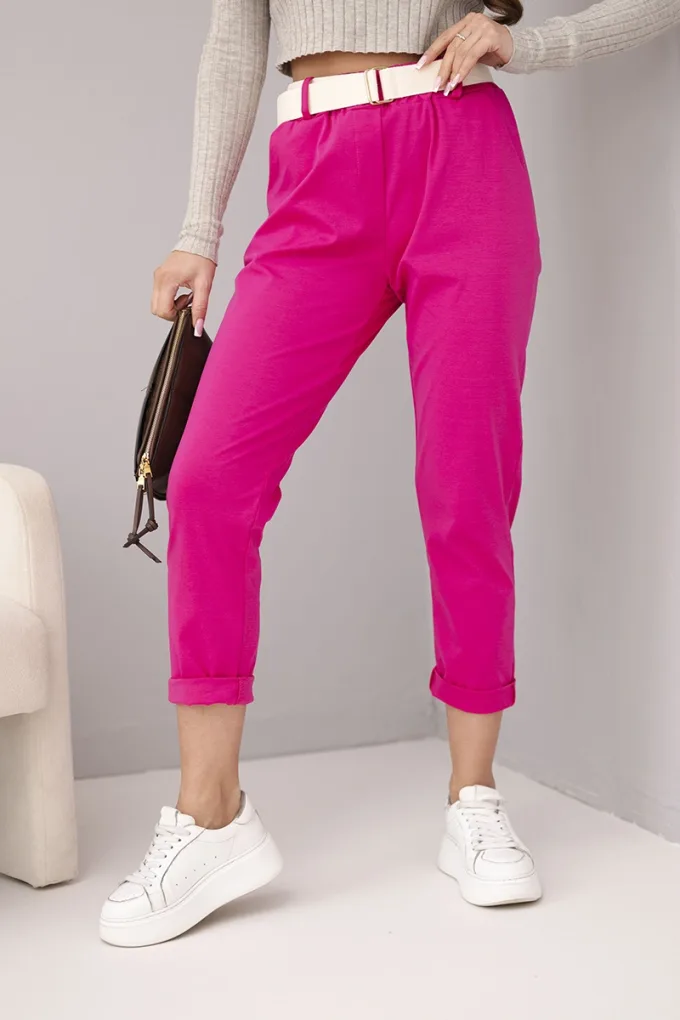 Spodnie damskie bawełniane z paskiem i podwijaną nogawką fuksja