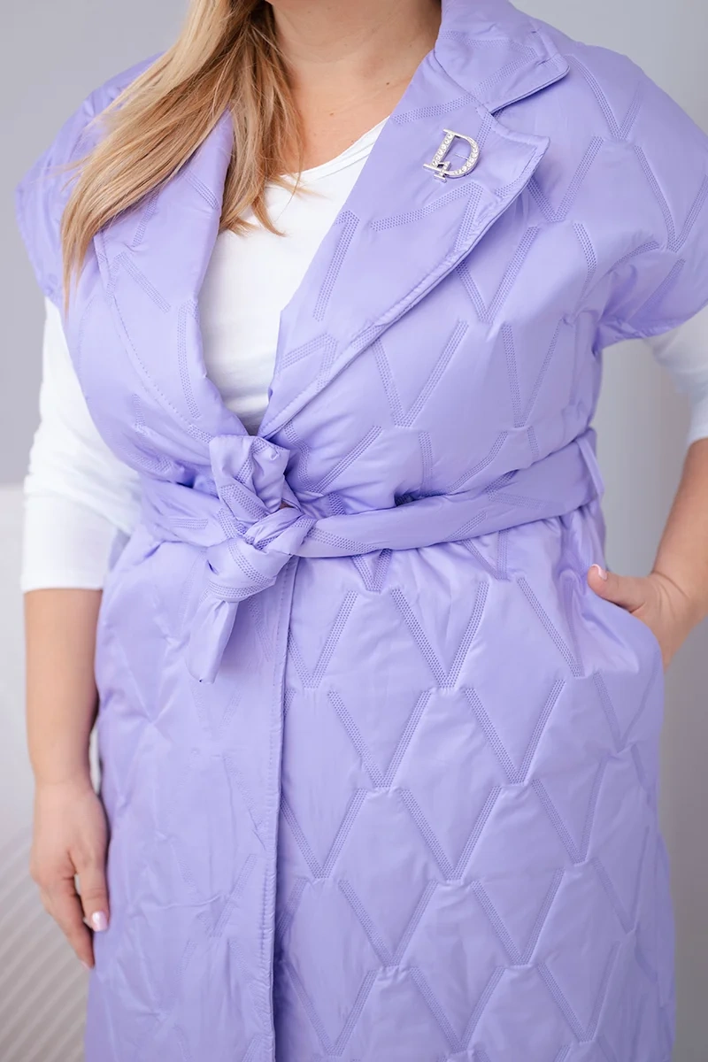 Kamizelka damska Plus Size pikowana z paskiem i kołnierzem jasno fioletowa - obrazek 3