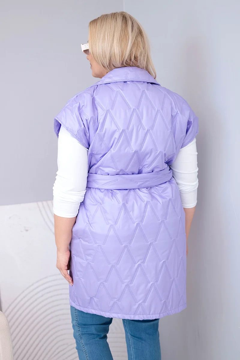 Kamizelka damska Plus Size pikowana z paskiem i kołnierzem jasno fioletowa - obrazek 4