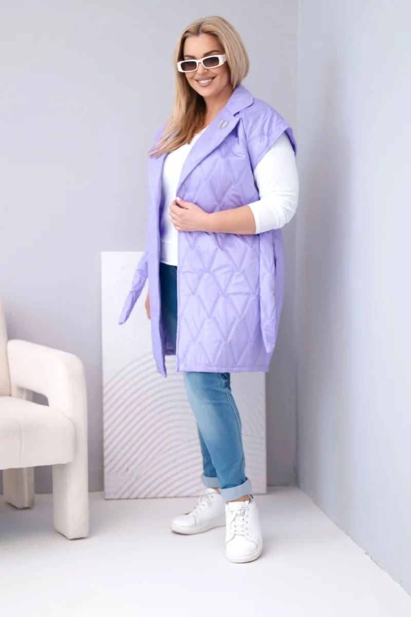 Kamizelka damska Plus Size pikowana z paskiem i kołnierzem jasno fioletowa - obrazek 2