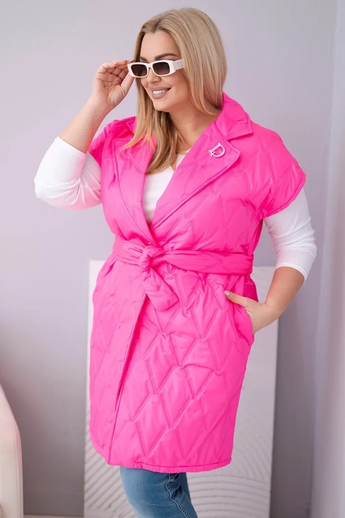 Kamizelka damska Plus Size pikowana z paskiem i kołnierzem różowy neon