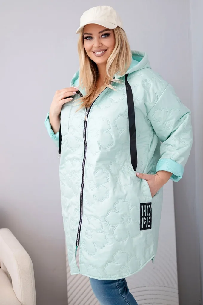 Kurtka damska Plus Size pikowana z kapturem i napisem HOPE jasno miętowa