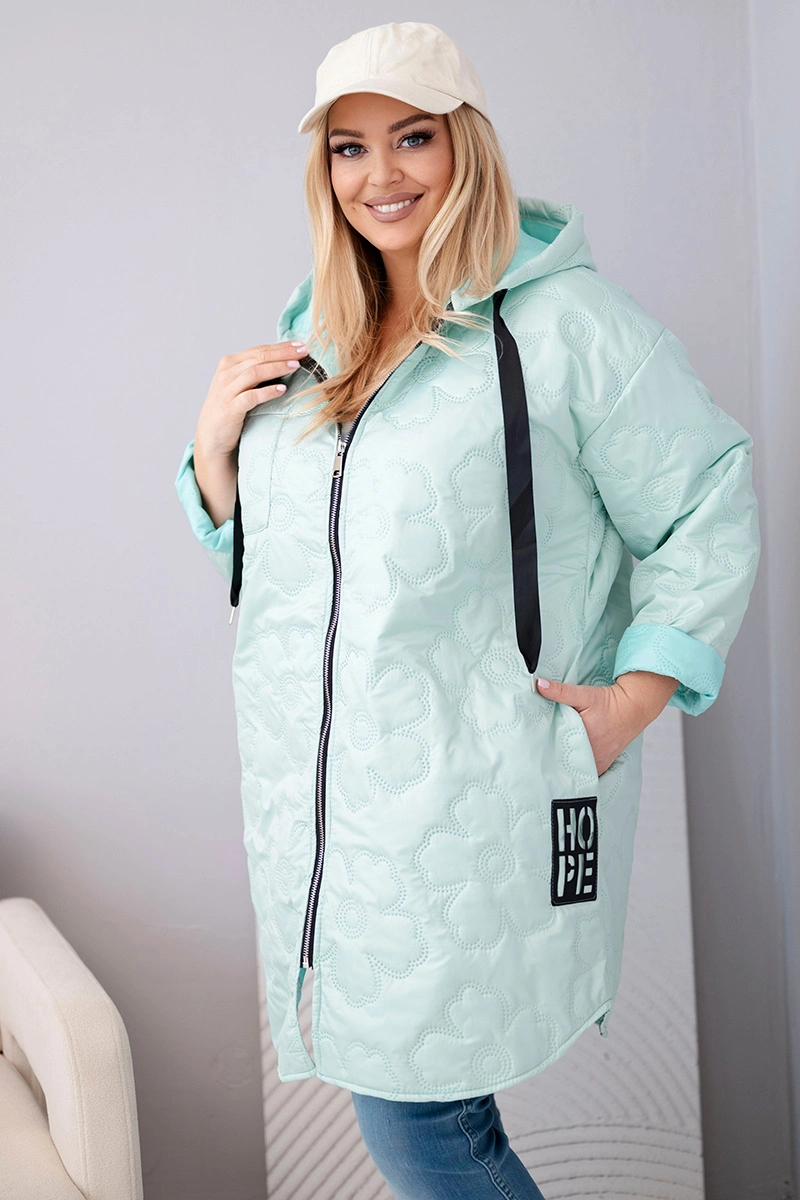 Kurtka damska Plus Size pikowana z kapturem i napisem HOPE jasno miętowa