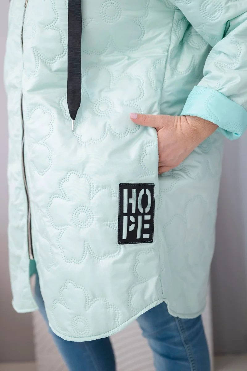 Kurtka damska Plus Size pikowana z kapturem i napisem HOPE jasno miętowa - obrazek 4