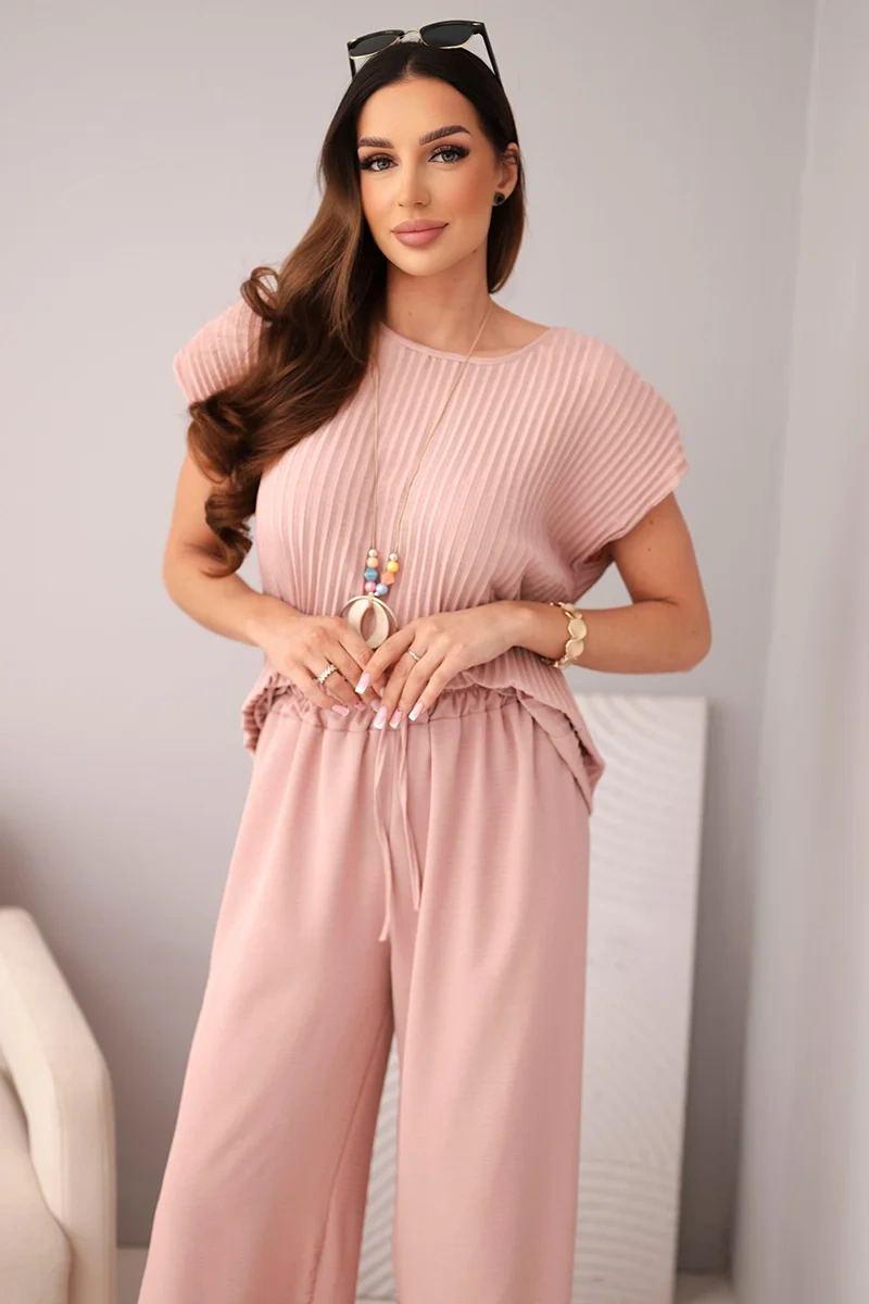Komplet z wiskozy bluzka plisowana + spodnie ciemny pudrowy róż