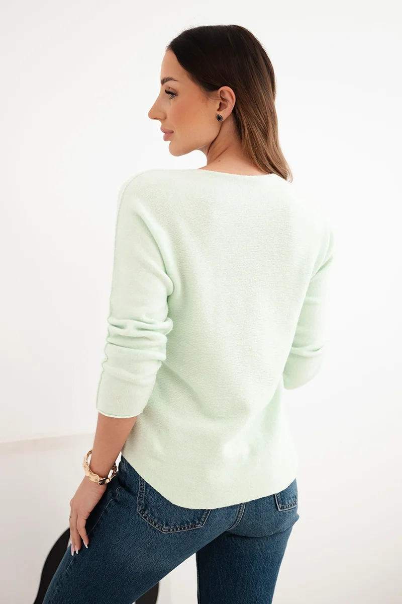 Sweter damski z wiskozy z długim rękawem i okrągłym dekoltem jasno miętowy - obrazek 3