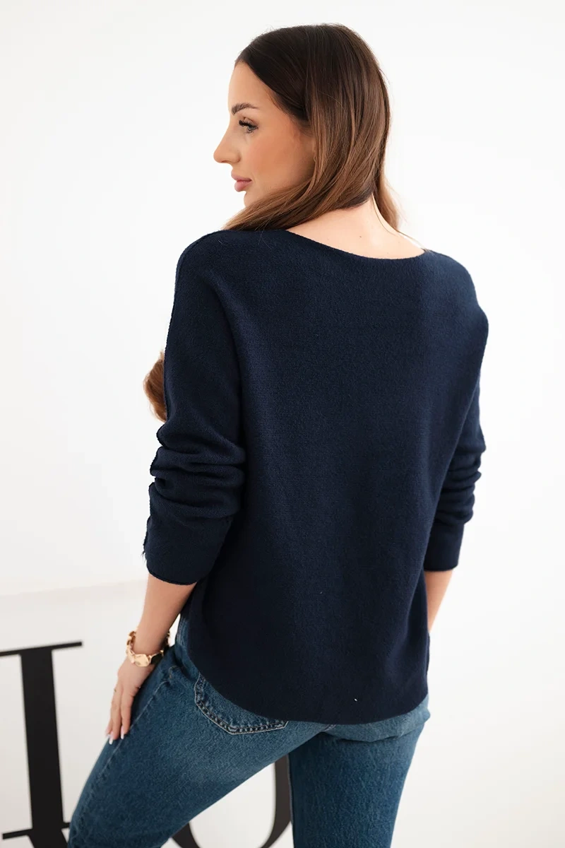 Sweter damski z wiskozy z długim rękawem i okrągłym dekoltem granatowy - obrazek 3