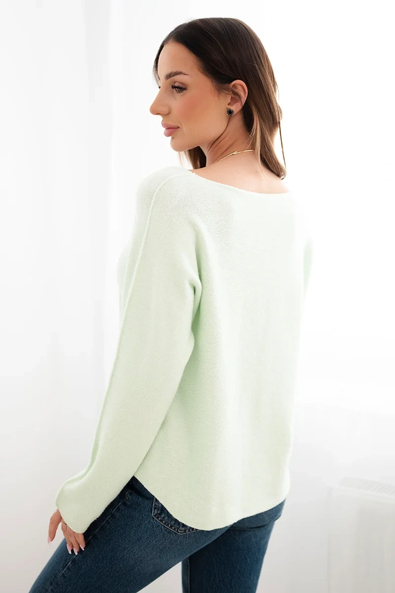 Sweter damska z wiskozą z dekoltem w serek jasny miętowy - obrazek 3