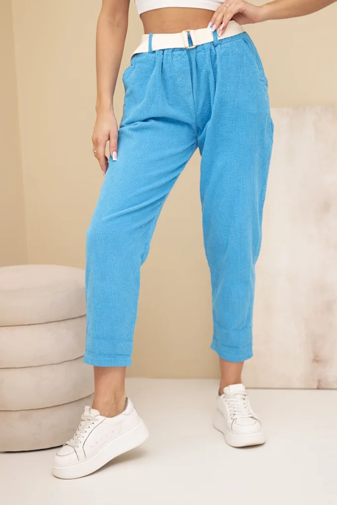 Spodnie damskie sztruksowe z paskiem turkusowe