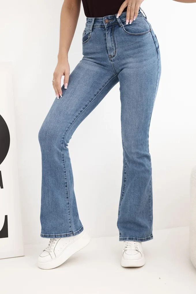 Spodnie damskie z rozszerzaną nogawką z wysokim stanem jeansowe