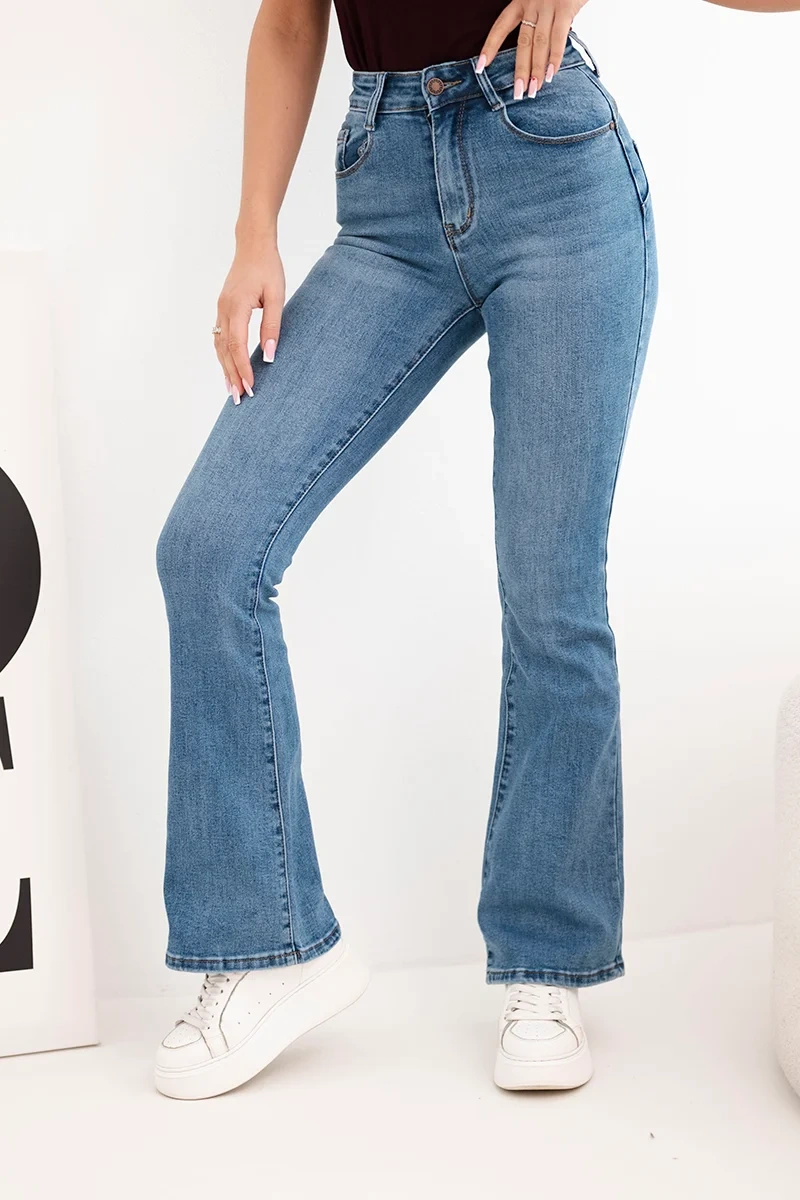 Spodnie damskie z rozszerzaną nogawką z wysokim stanem jeansowe - obrazek 3