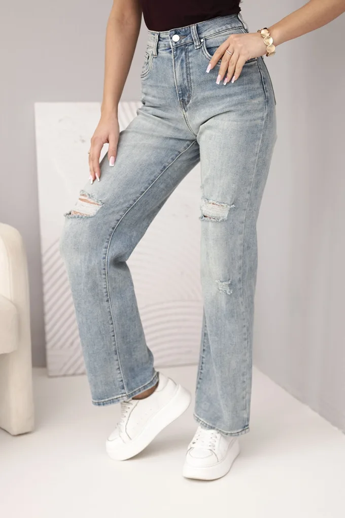 Spodnie damskie z szeroką nogawką i przetarciami jeansowe