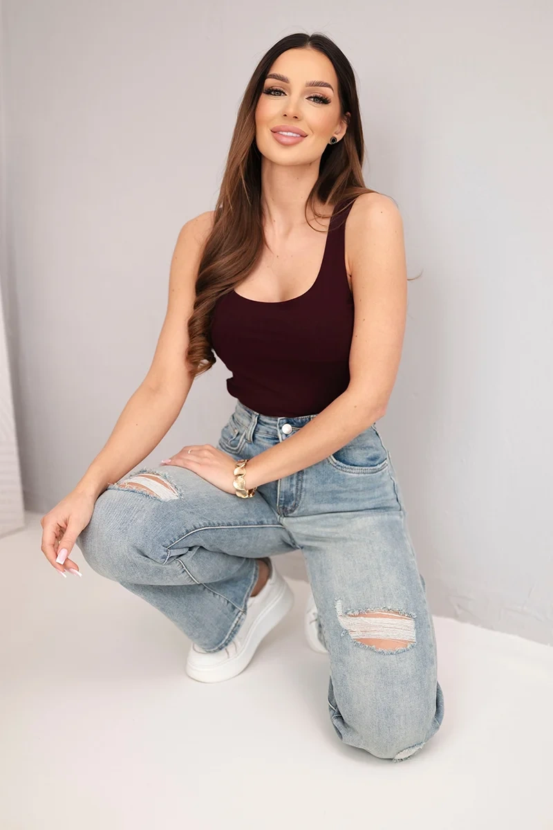 Spodnie damskie z szeroką nogawką i przetarciami jeansowe