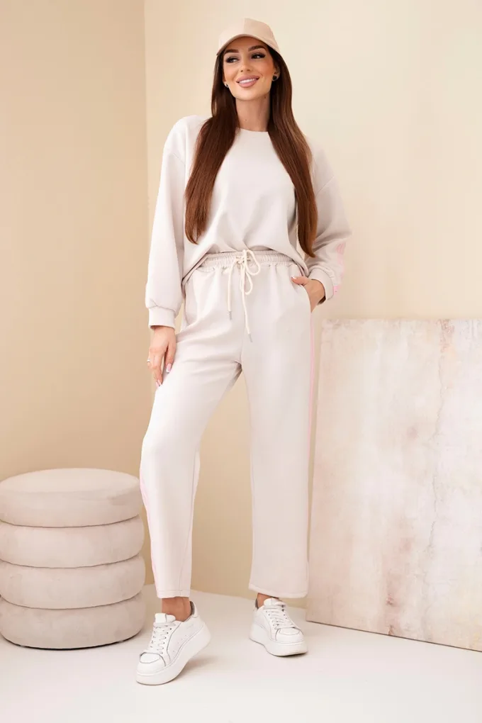 Komplet damski wiskozowy masełko z lampasami beżowy