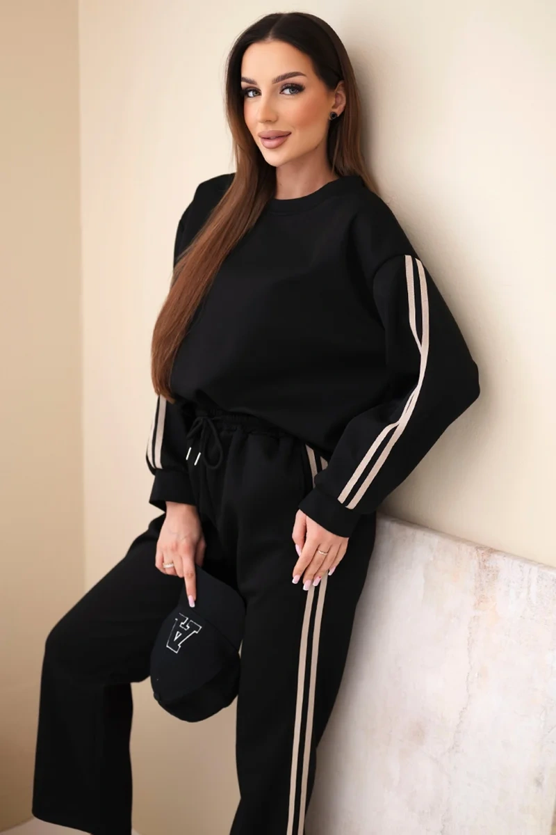 Komplet damski wiskozowy masełko z lampasami czarny
