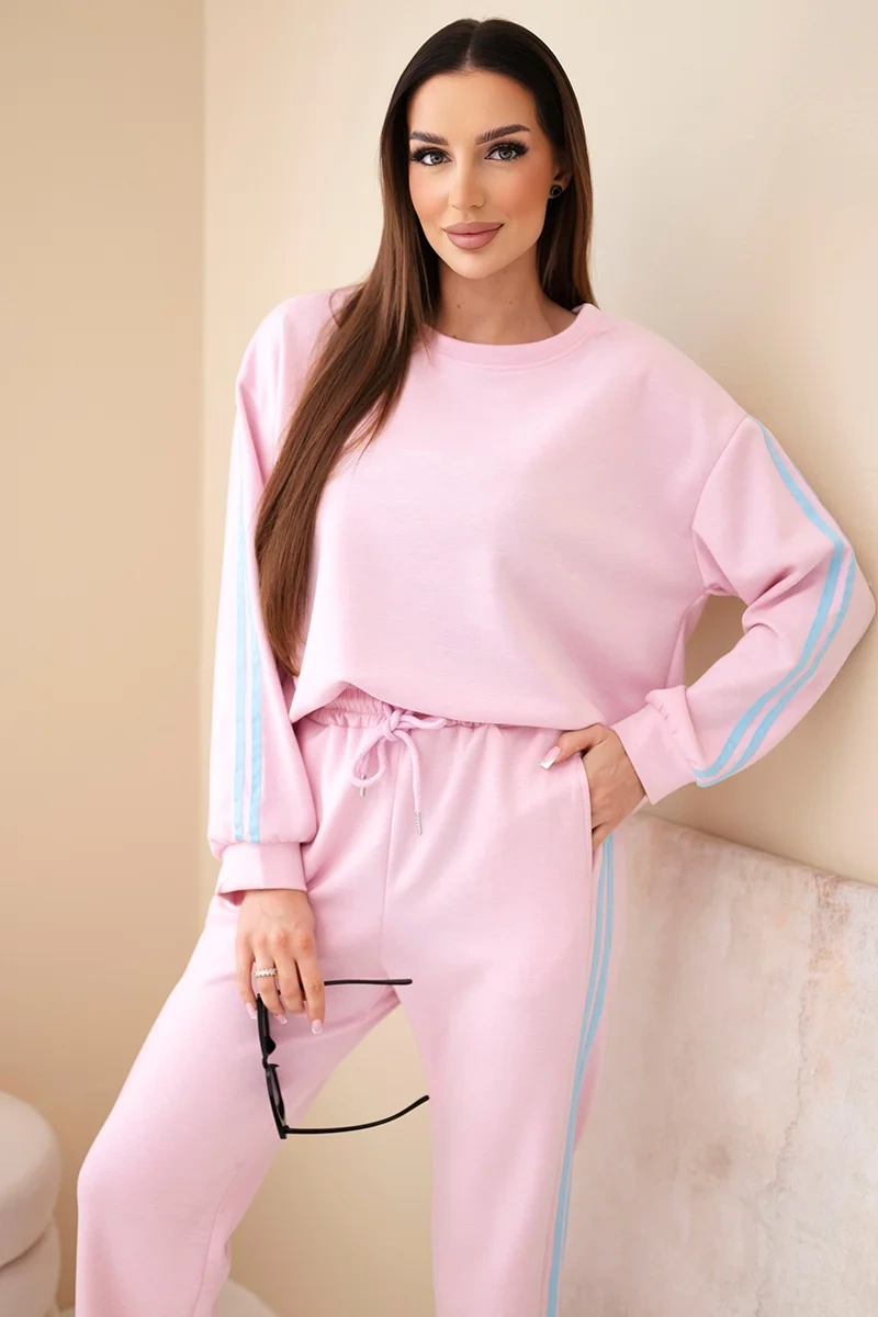Komplet damski wiskozowy masełko z lampasami pudrowy róż