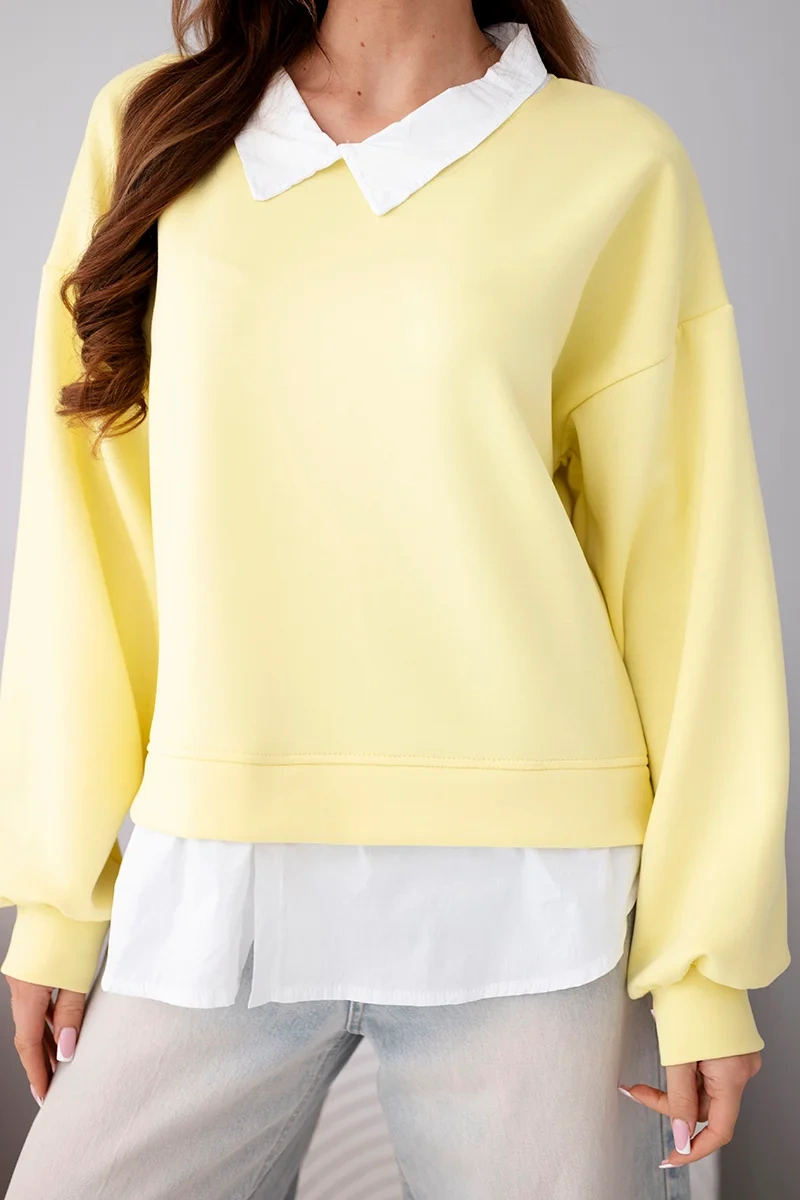 Bluza damska masełkowa z wiskozy i z koszulową wstawką żółta - obrazek 4