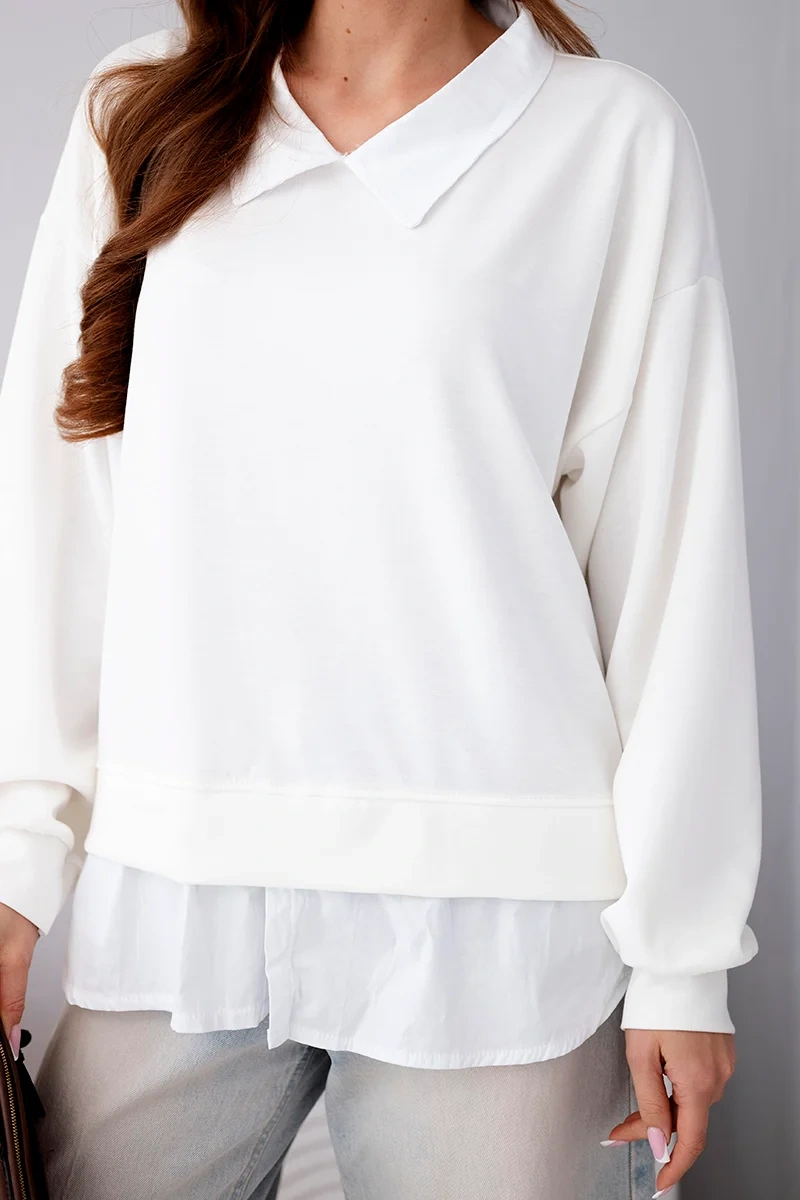 Bluza damska masełkowa z wiskozy i z koszulową wstawką biała - obrazek 3