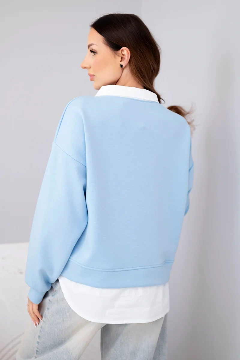 Bluza damska masełkowa z wiskozy i z koszulową wstawką niebieska - obrazek 3