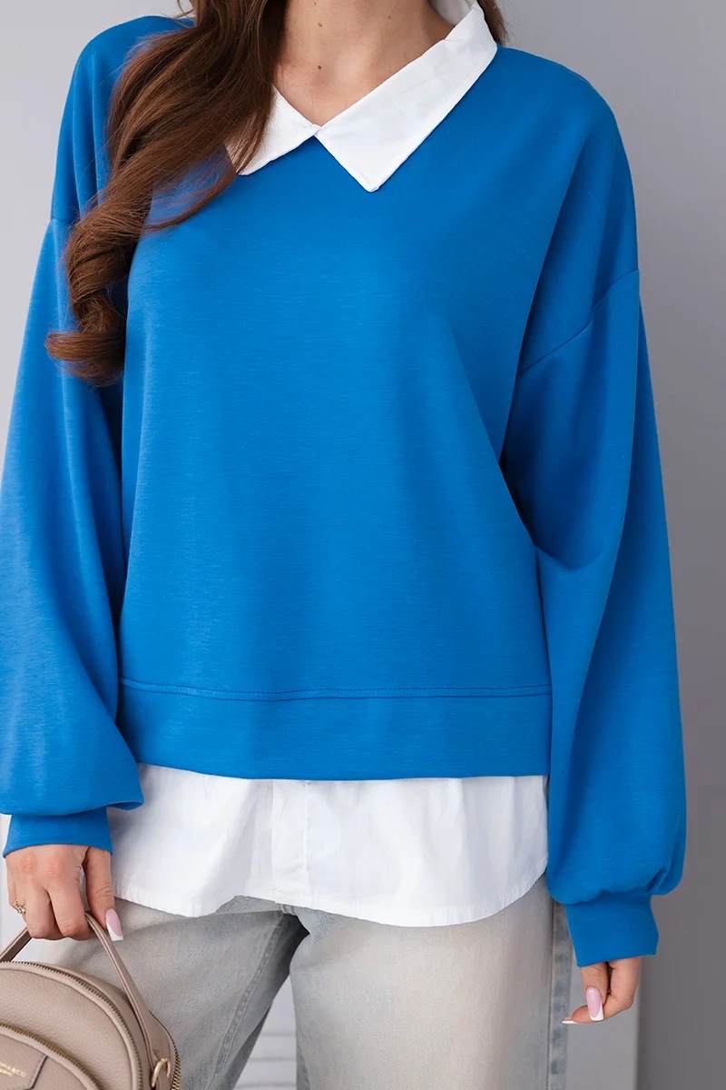 Bluza damska masełkowa z wiskozy i z koszulową wstawką chabrowa - obrazek 3